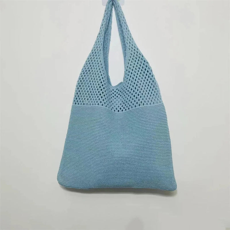 Knitted Wool Tote Bag Customizable Embroidery Light Blue