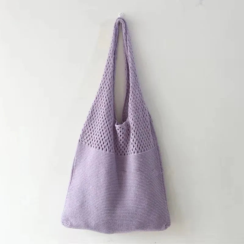 Knitted Wool Tote Bag Customizable Embroidery Purple