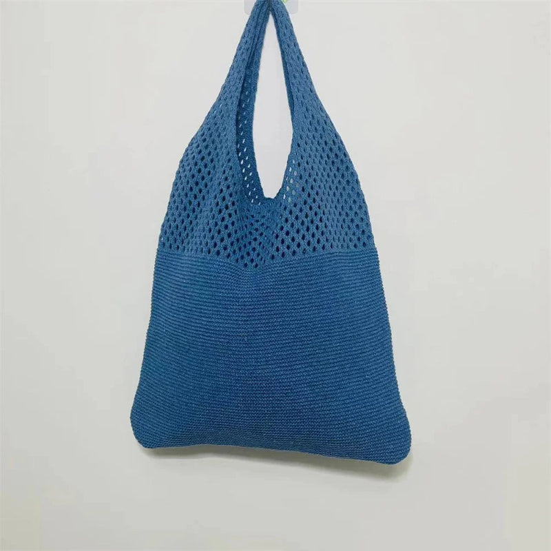 Knitted Wool Tote Bag Customizable Embroidery Blue