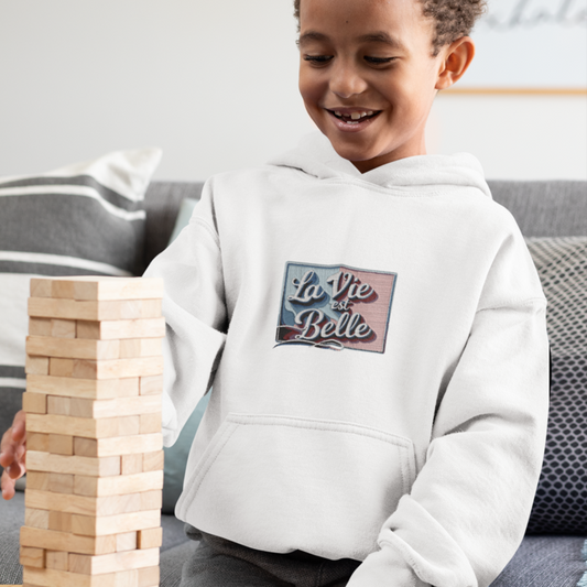 Child Hoodie White La Vie Est Belle Pink Blue Light
