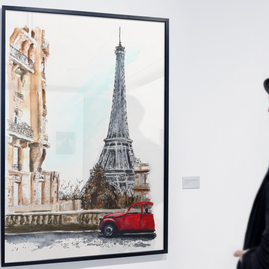 Official Watercolor Painting of Car And Eiffel Tower