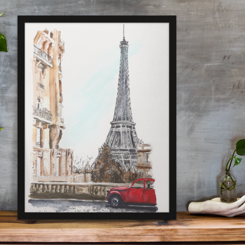 Official Watercolor Painting of Car And Eiffel Tower