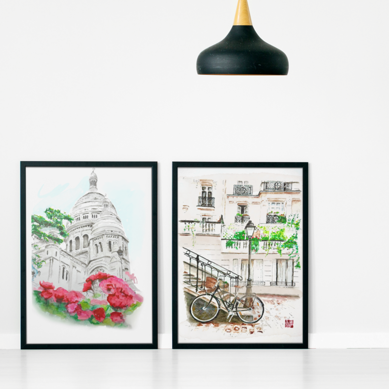 Official Watercolor Painting of Paris Street With BicycleBicycle