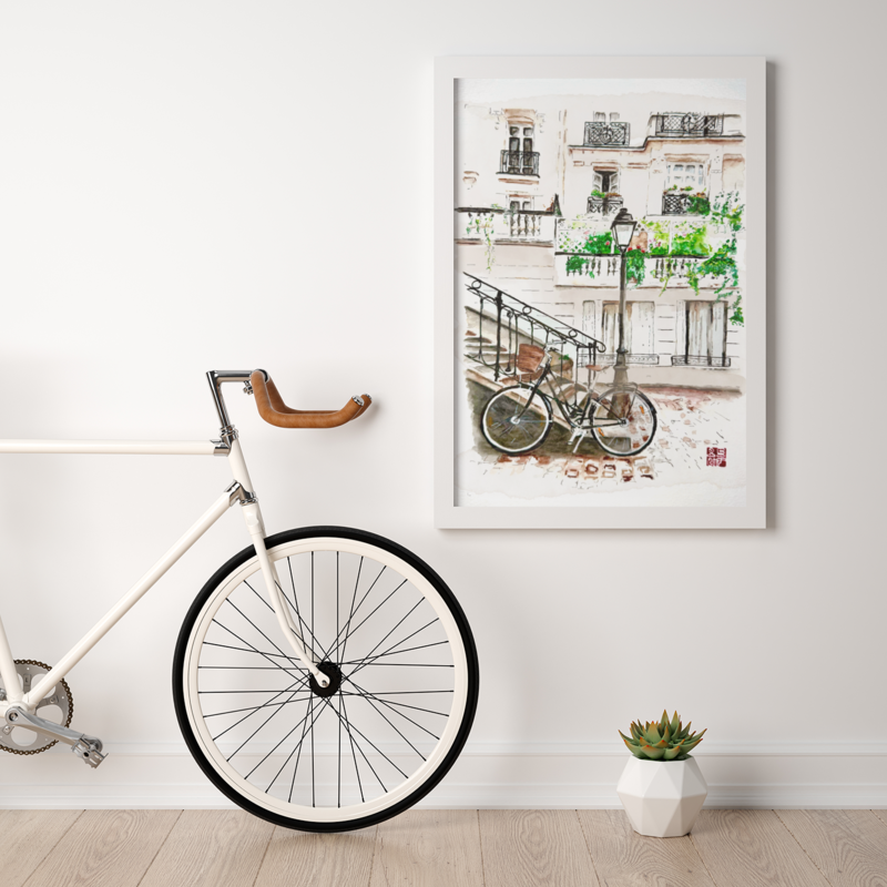 Official Watercolor Painting of Paris Street With Bicycle