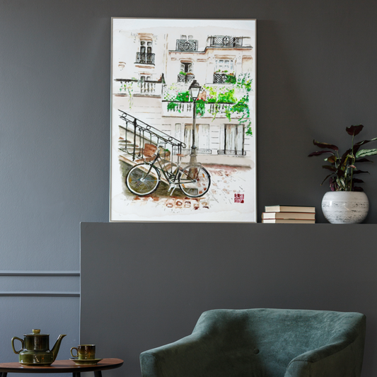 Official Watercolor Painting of Paris Street With BicycleBicycle